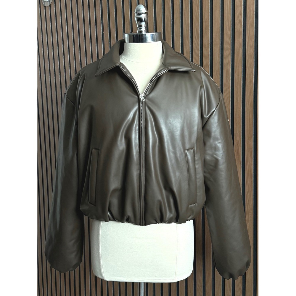 Alo Faux Leather Cropped Premier Bomber Women Large Espresso Brown Zip Jacket